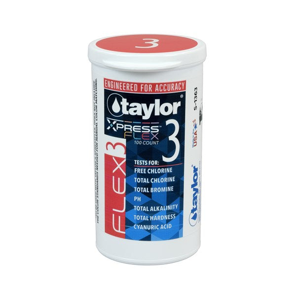 Flex 3 Strips for Free Chlorine, Total Chlorine/Bromine, pH, Total Alkalinity, Total Hardness, CYA (100/bottle), 6-pack | Taylor Water Technologies Oficial