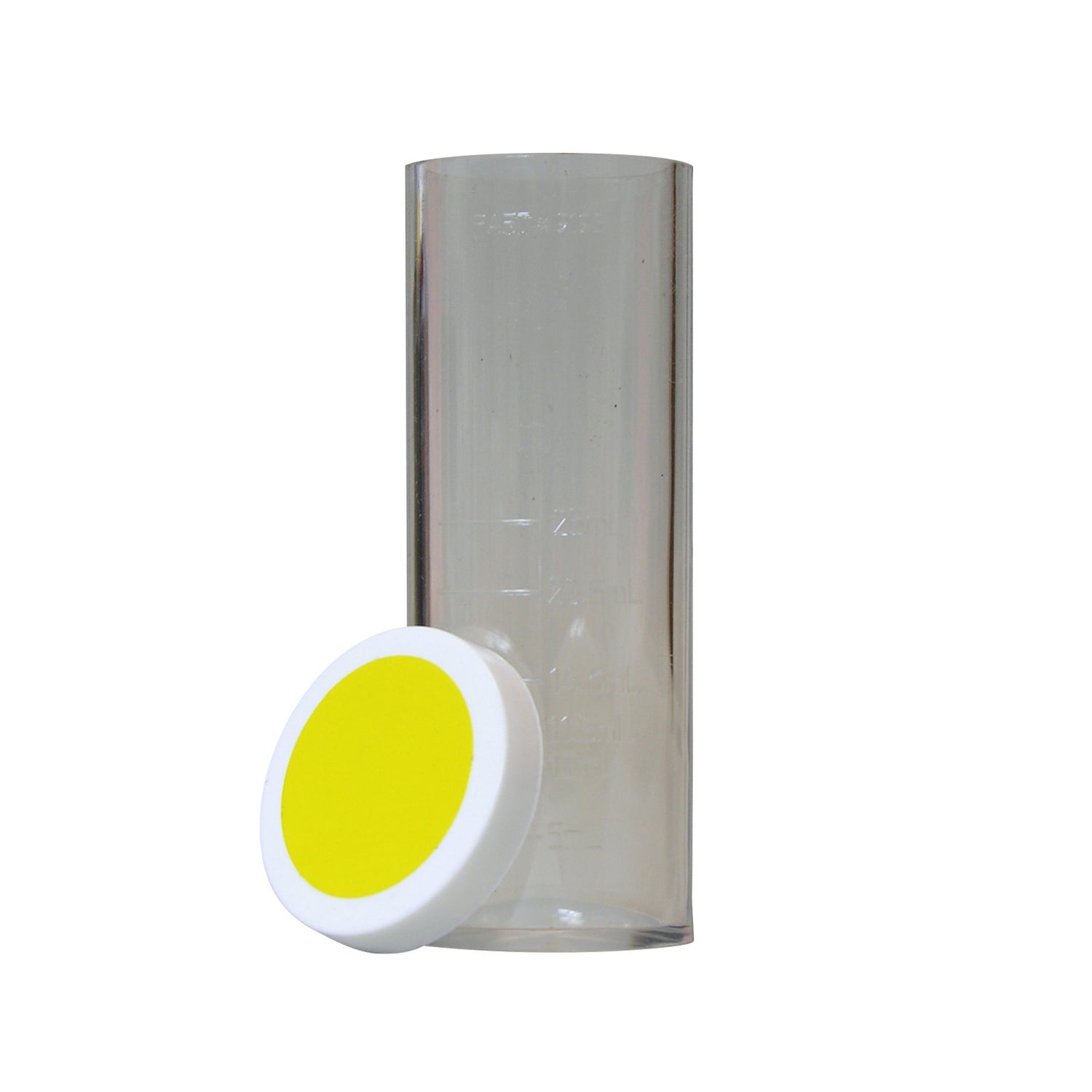 Sample Tube, Graduated (25 mL) w/ cap & yellow dot, plastic