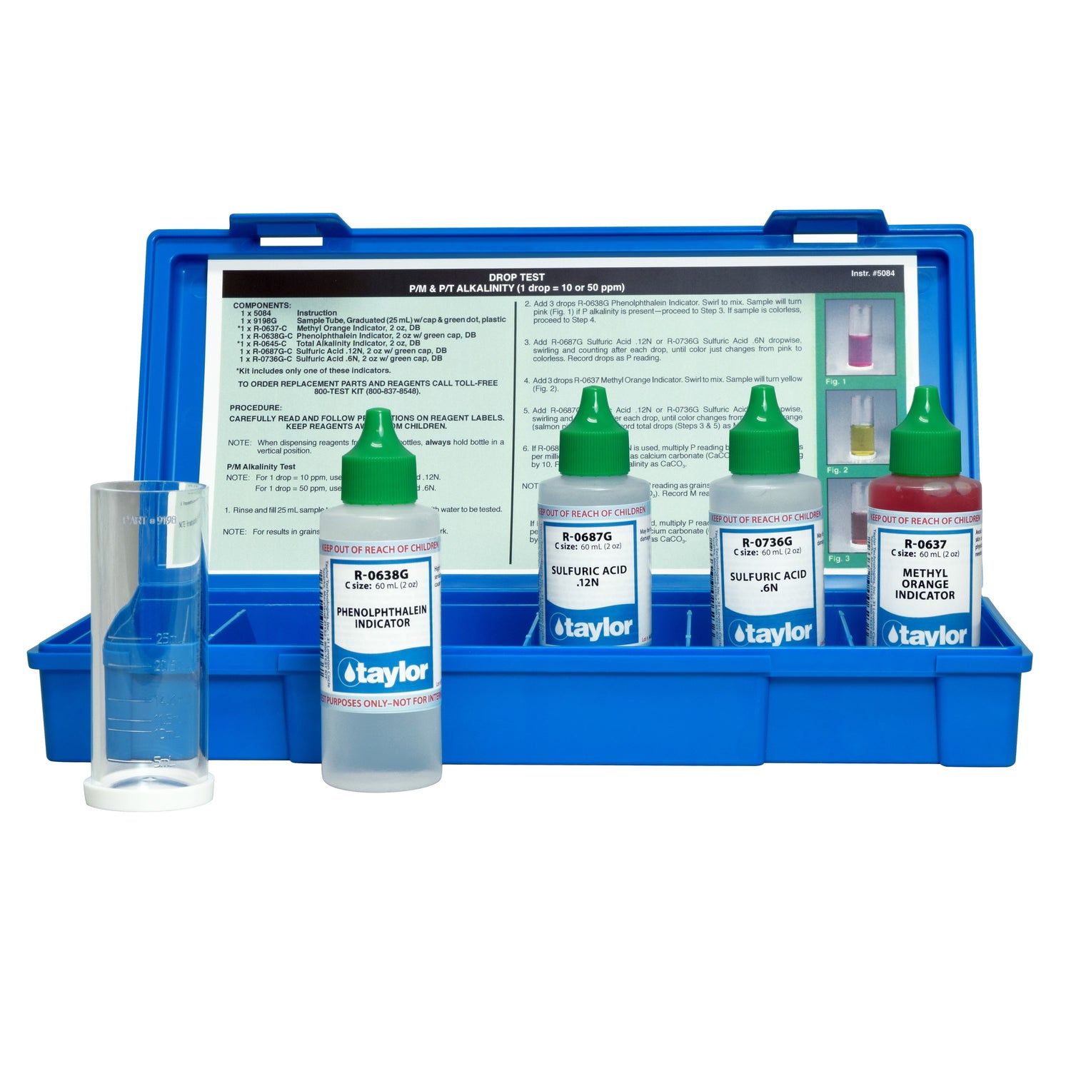 Drop Test, Alkalinity (P/M), Phenolphthalein/Methyl Orange (using H₂SO₄), 1 drop = 10 or 50 ppm