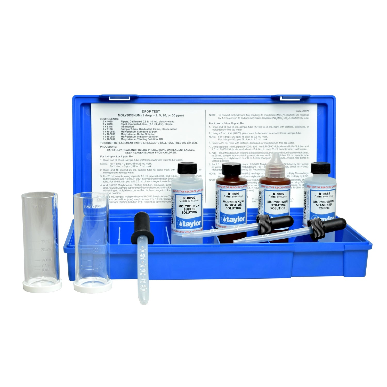 Drop Test, Molybdenum, Complexometric, 1 drop = 2, 5, 20, or 50 ppm (<6 month shelf life)
