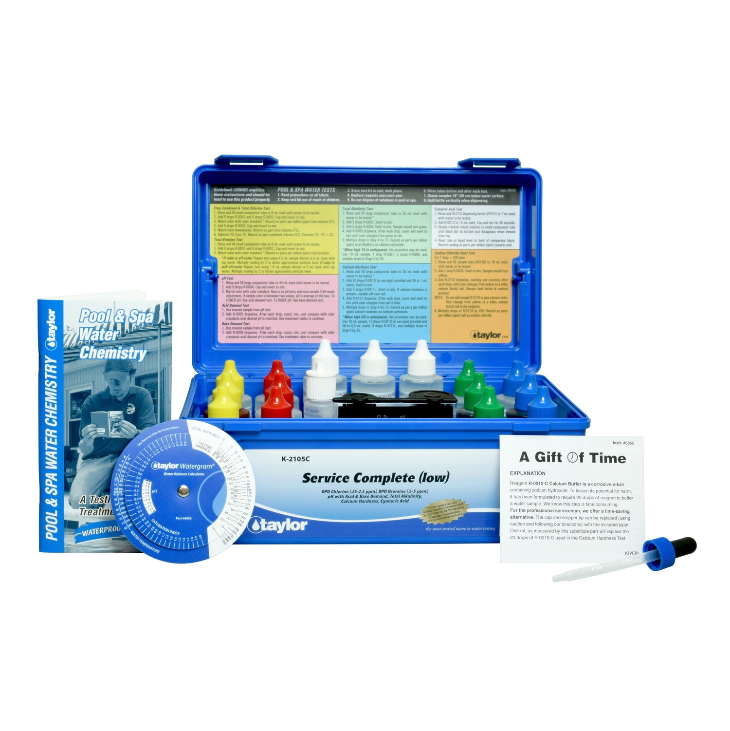Service Complete™ kit for Chlorine/Bromine, pH, Alkalinity, Hardness, CYA (DPD–low range) (2 oz bottles)