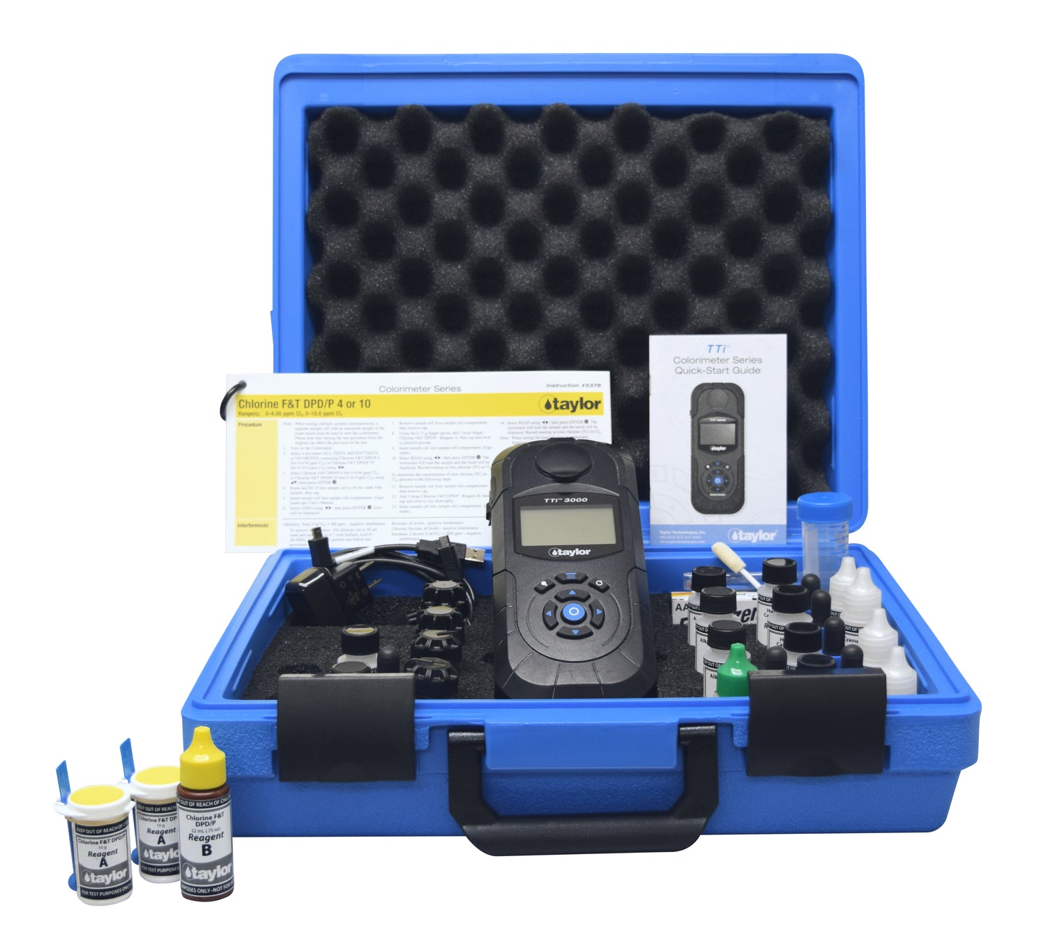 Commercial Colorimeter Kit, Free and Total DPD Chlorine (0-10 ppm), pH (6.5-8.5), Total Alkalinity (0-250 ppm), Calcium Hardness (0-800 ppm), Cyanuric Acid (7-120 ppm)