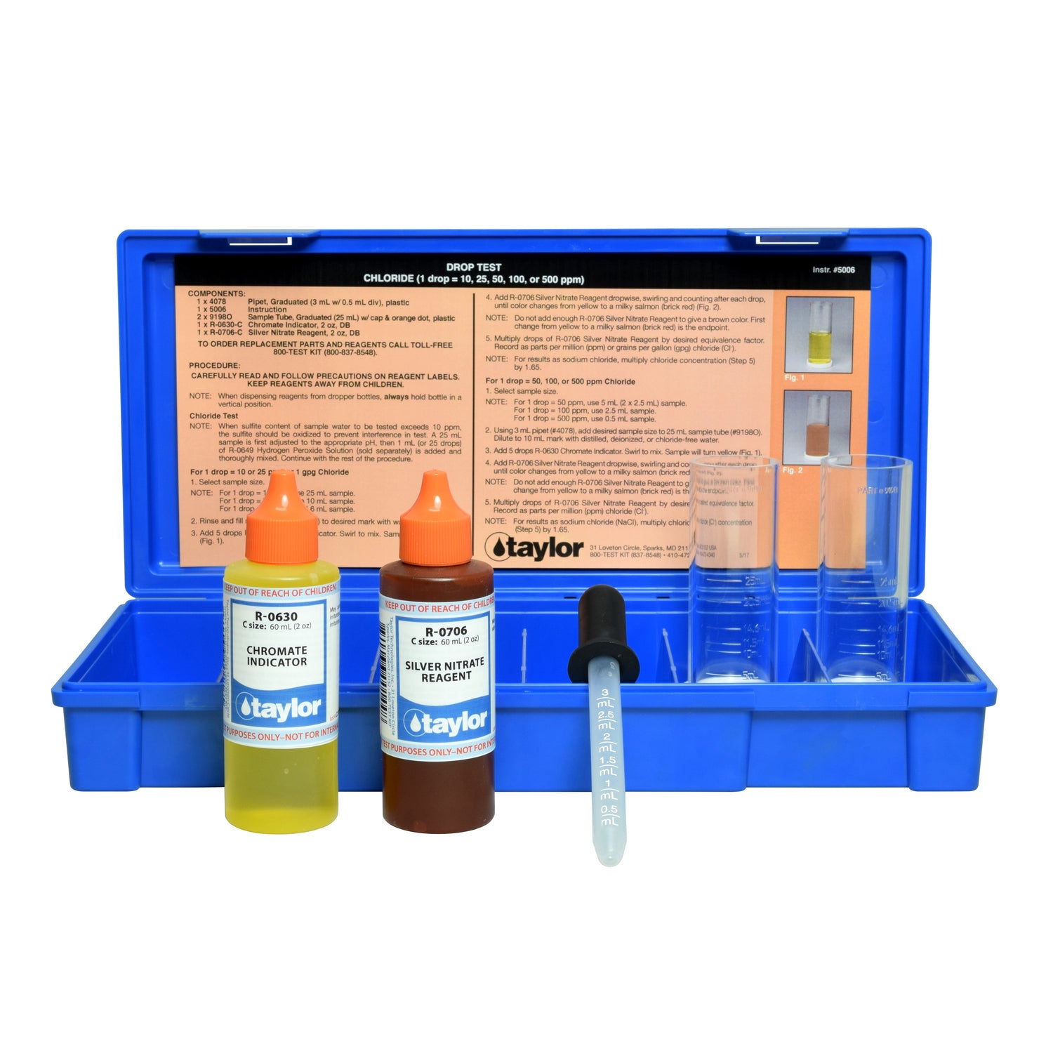 Drop Test, Chloride, Argentometric (for neutral pH waters), 1 drop = 10, 25, 50, 100, or 500 ppm