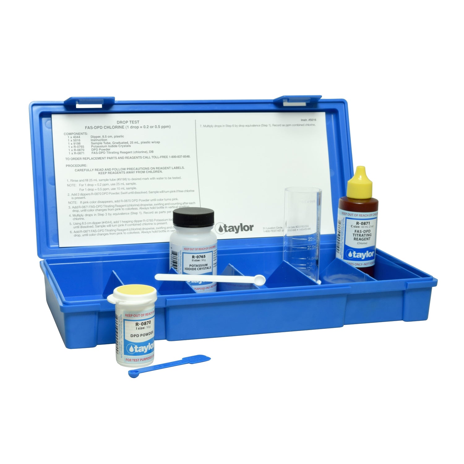 Drop Test, Chlorine (free/combined), FAS-DPD (crystals), 1 drop = 0.2 or 0.5 ppm