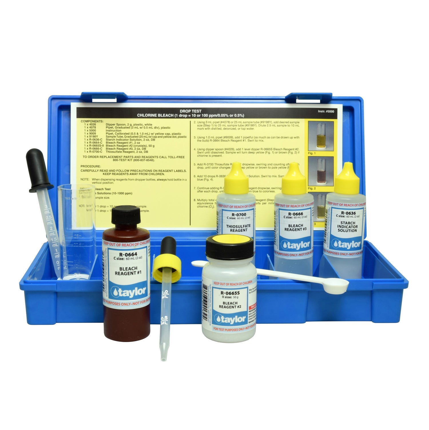 Drop Test, Chlorine (Bleach), Iodometric, 1 drop = 10 or 100 ppm; 1 drop = 0.05 or 0.5%