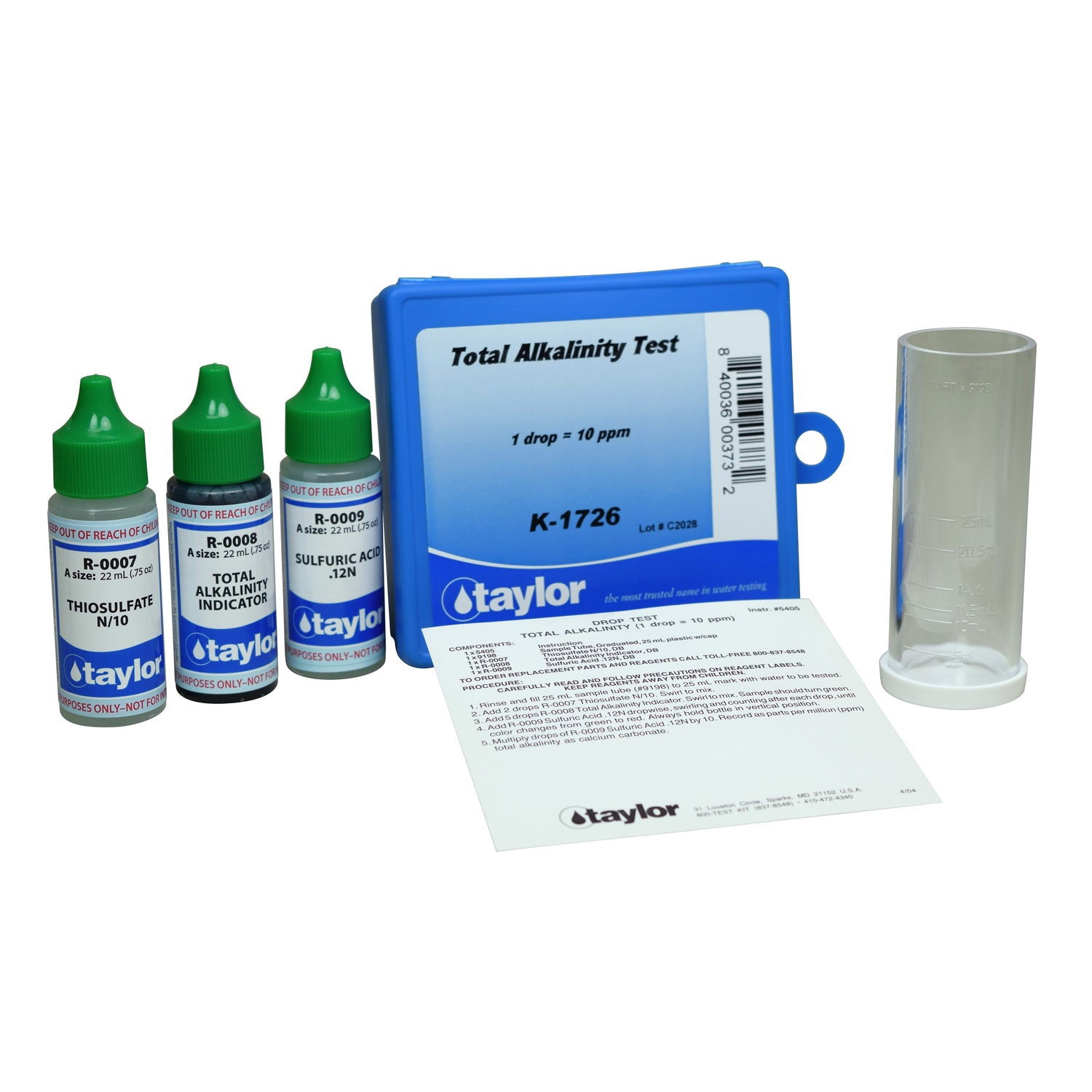 Drop Test, Alkalinity (total), Blended Indicator, 1 drop = 10 ppm