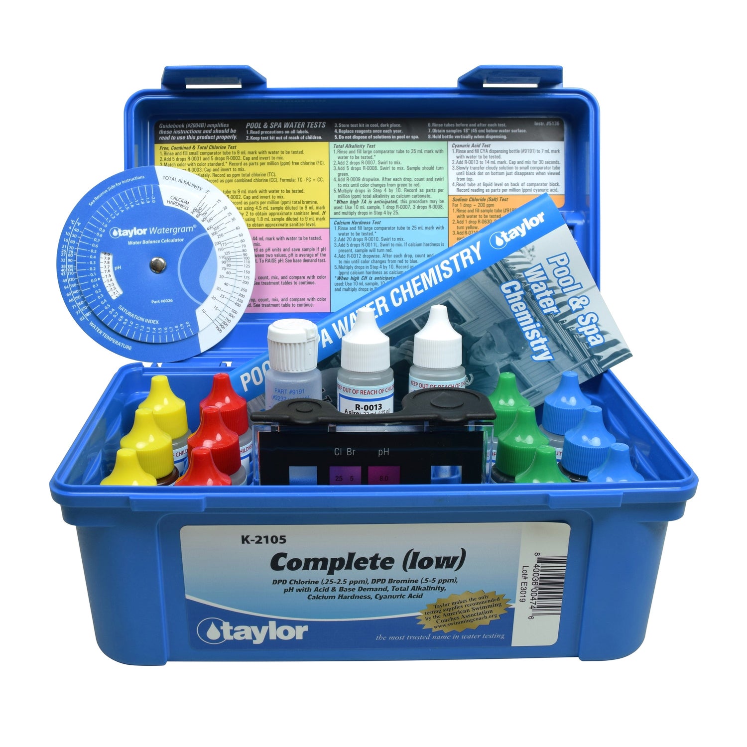 Complete™ kit for Chlorine/Bromine, pH, Alkalinity, Hardness, CYA (DPD–low range) (.75 oz bottles)