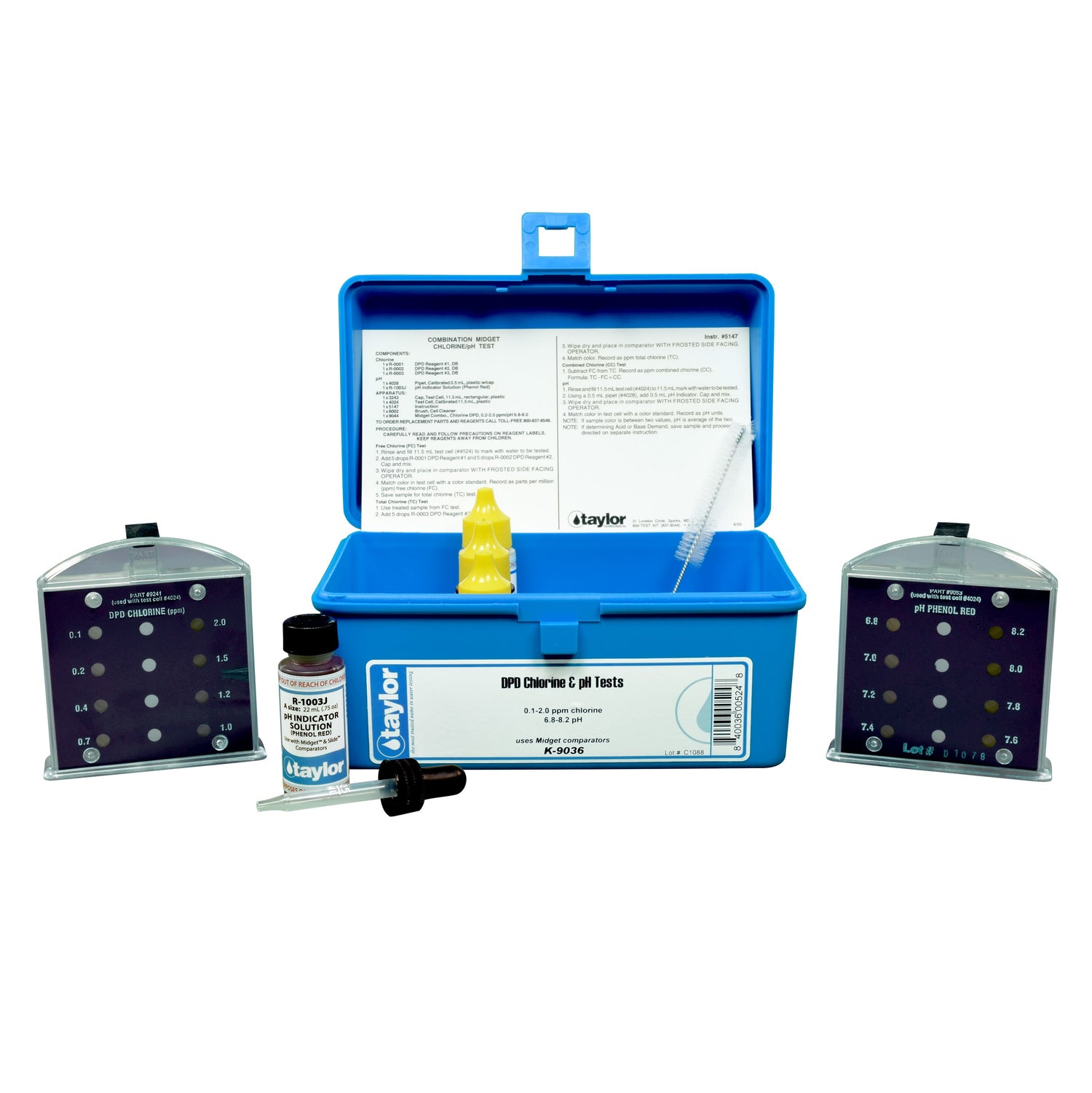 Commercial (uses Midget comparators), Chlorine, DPD, 0.1-2.0 ppm/pH, 6.8-8.2