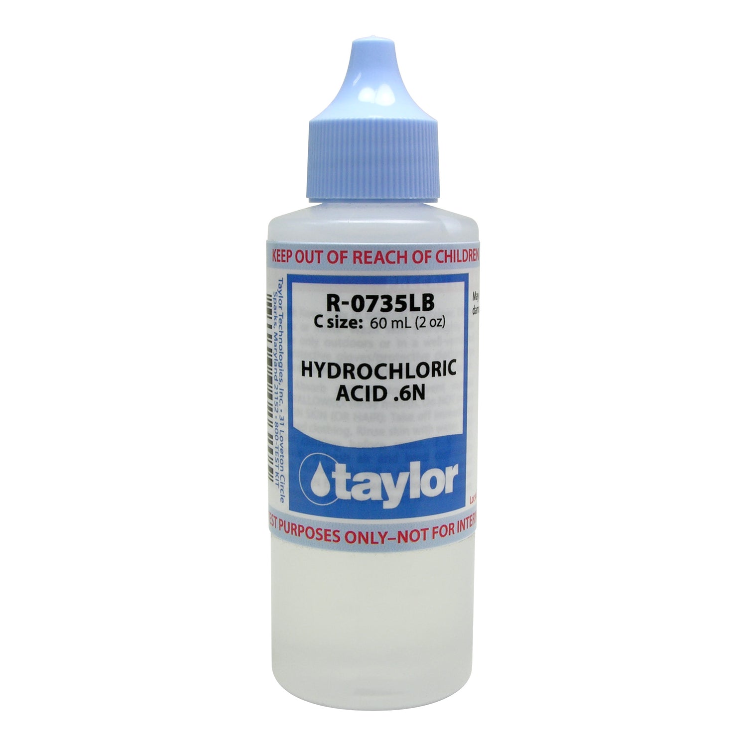 Hydrochloric Acid .6N, 2 oz w/ light blue cap, Dropper Bottle