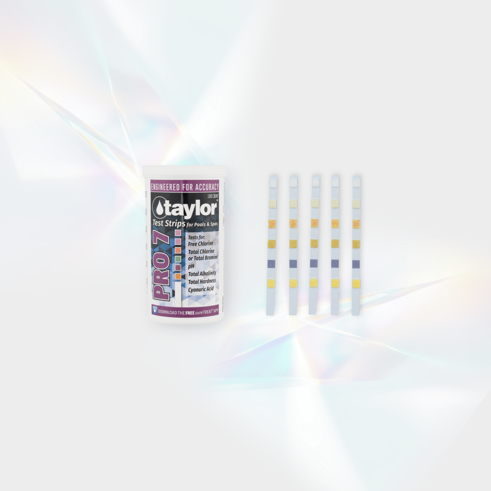 A box of Taylor S-1452 Pro 7 Test Strips for pool or spa water testing is displayed alongside several test strips outside the box.