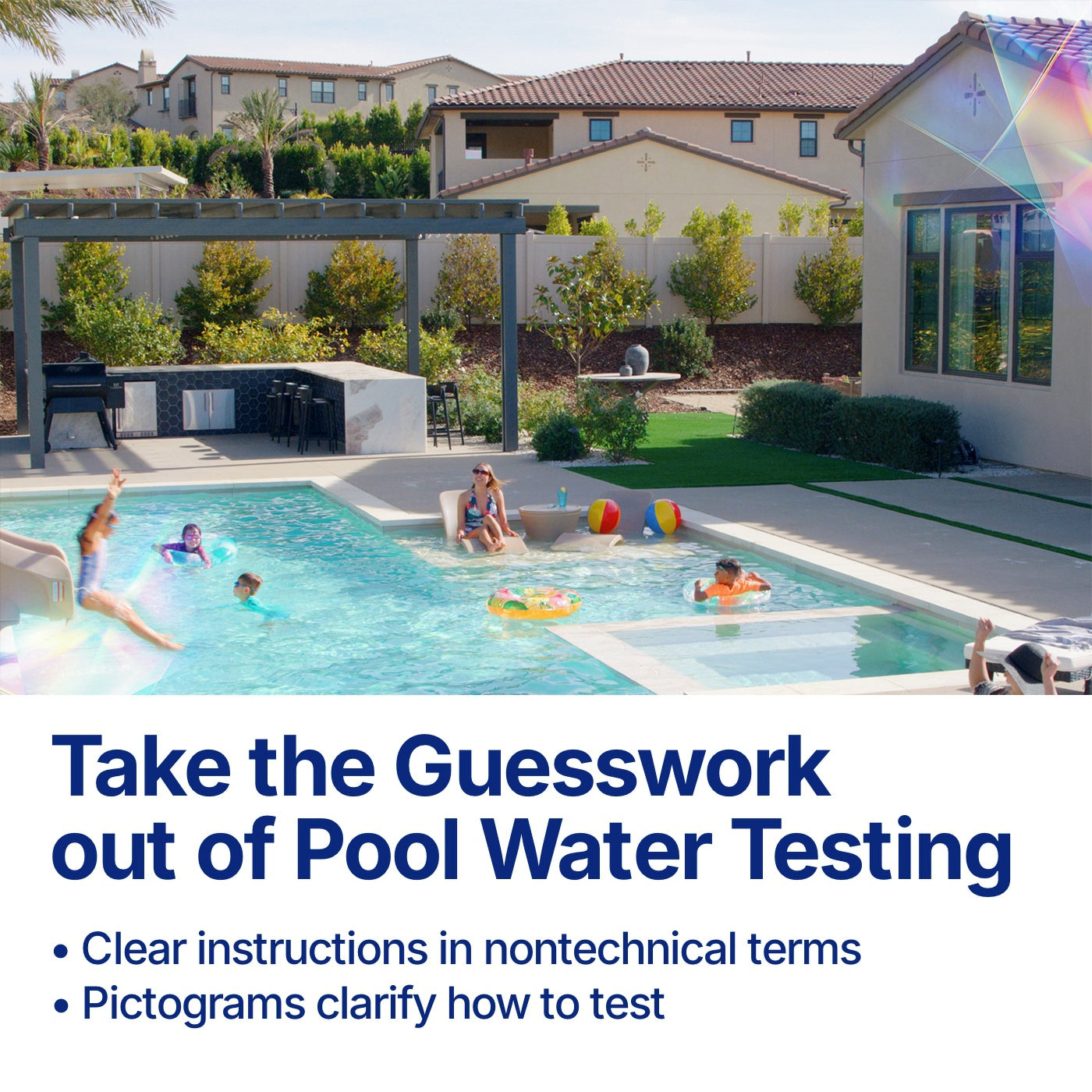 Children playing in a residential pool with beach